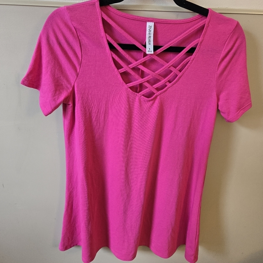 Small Zenana Premium Pink T-Shirt Short Sleeve Blouse with Cut Out Design